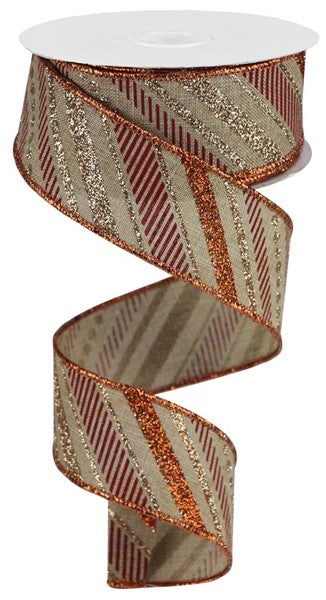Copper & Burgundy Glitter Diagonal Stripes on Burlap Wired Ribbon - 1.5" x 10yds