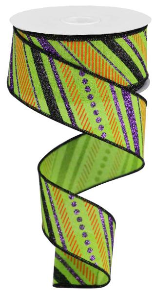 Halloween Glitter Diagonal Stripes Wired Ribbon - 1.5" x 10yds