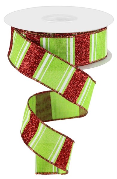 Lime Multi Stripe Bold Red Glitter Wired Ribbon - 1.5" x10yds