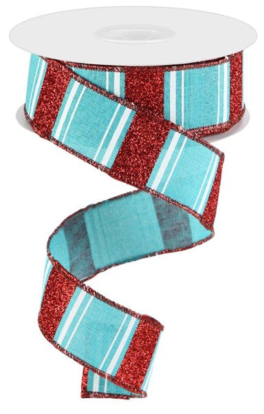 Turquoise Burlap w/ White & Red Glitter Stripes Wired Ribbon - 1.5" x 10yds