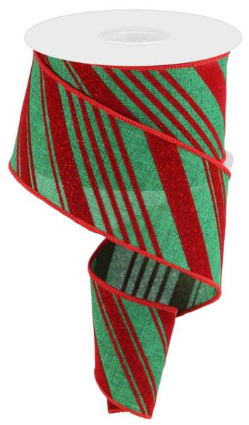 Green & Red Glitter velvet Diagonal Stripes Wired Ribbon - 2.5" x 10yds