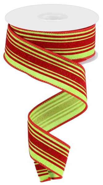 Lime Burlap w/ Red Glitter Velvet Vertical Stripes Wired Ribbon - 1.5" x 10yds