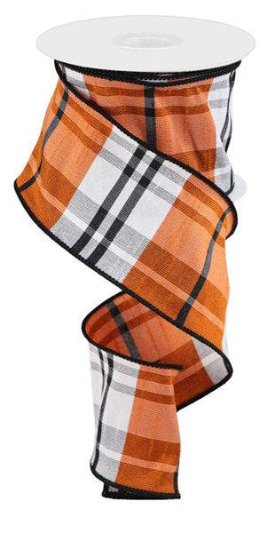 Orange, Black & White Plaid Dupioni Wired Ribbon - 2.5" x 100ft