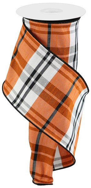 Orange, Black & White Plaid Dupioni Wired Ribbon - 4" x 100ft