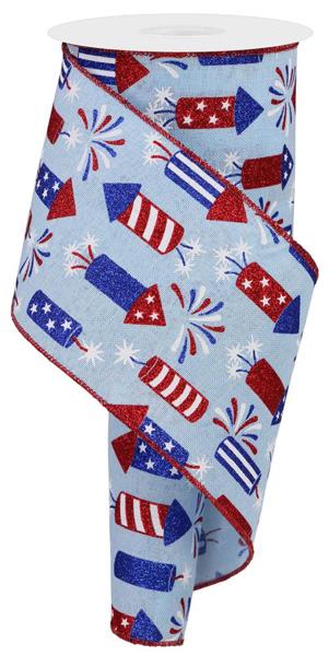 Firecrackers on Pale Blue Linen Wired Ribbon - 4"x10Yds