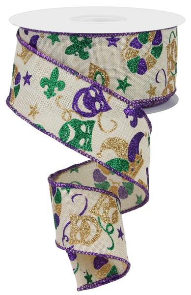 Cream w/ Mardi Gras Pattern Wired Ribbon - 1.5" x 10yds