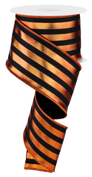 Black w/ Metallic Orange Vertical Stripes Wired Ribbon - 2.5" x 10yds