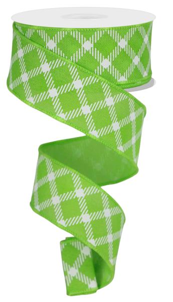 Green Diamond Check Wired Ribbon - 1.5" x 10yds