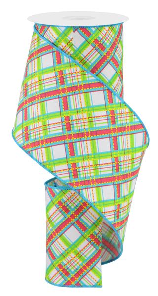 Lime, Turquoise & Hot Pink Diagonal Plaid Wired Ribbon - 4" x 10yds