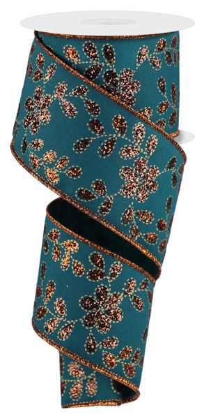 Teal Burlap w/ Brown Glitter Leaves & Flowers Wired Ribbon - 2.5" x 10yds