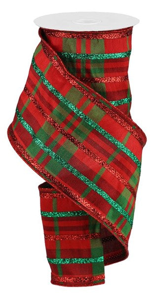 Green & Red Dupioni Plaid w/ Glitter Srtipe Wired Ribbon - 4" x 10yds