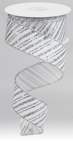Silver Glitter Stripe On White Wired Ribbon - 1.5 x 10yds