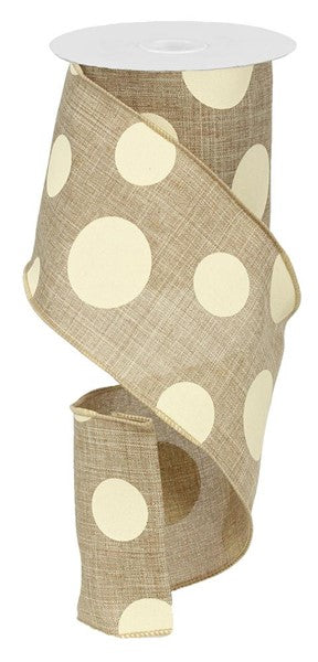 Tan Linen w/ Cream Polka Dots Wired Ribbon - 4" x 10yds