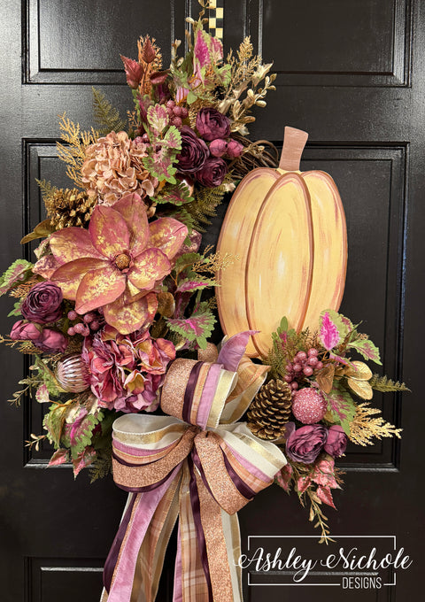 Rose Gold Magnolia Pumpkin Fall Wreath