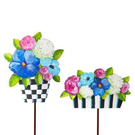 Elegant Pots Of Mixed Flowers Metal Stake - Choose Style