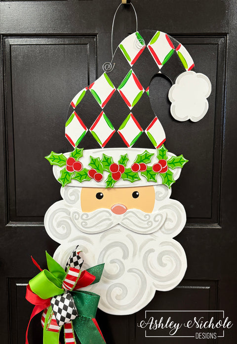 Santa - Holly Jolly Harlequin (BLACK) - Door Hanger (Hand-Painted)
