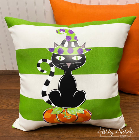 Custom Pillow - Sassy Cat Halloween on Green & White Stripe Outdoor Fabric