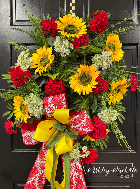 Scarlet Geraniums & Sunflowers Wreath