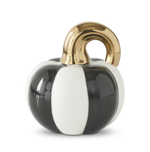 3.25" Black & White Striped Ceramic Pumpkin w/Gold Stem