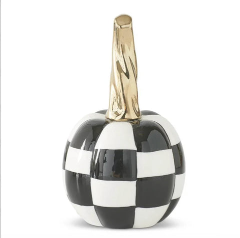 6.75" Black & White Checkered Ceramic Pumpkin w/Twisted Gold Stem