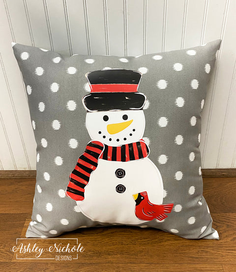 Custom Pillow - Snowman & Cardinal on Grey & White Ikat Dots Outdoor Fabric