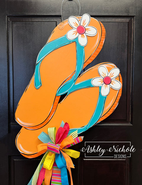 Summer Fun Flip Flops - ORANGE - Door Hanger (Hand-Painted)