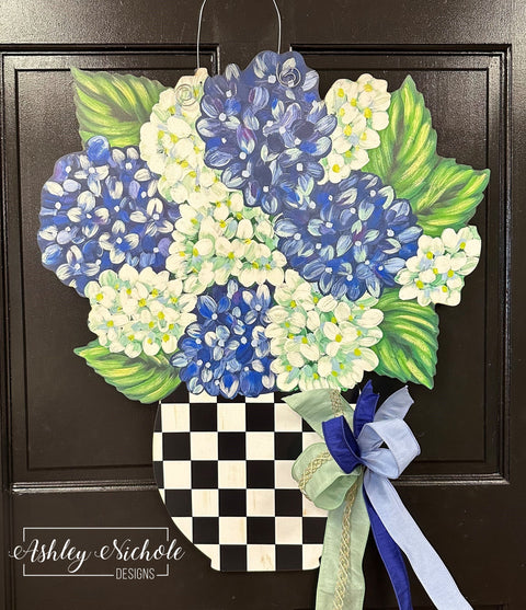 Checkered Jar with Hydrangeas - Door Hanger (UV Printed Only)