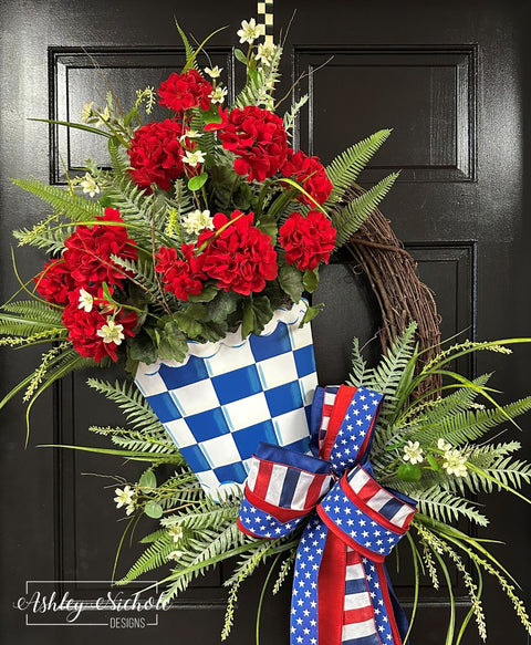 Blue Checkered Metal Pot of Geraniums Wreath