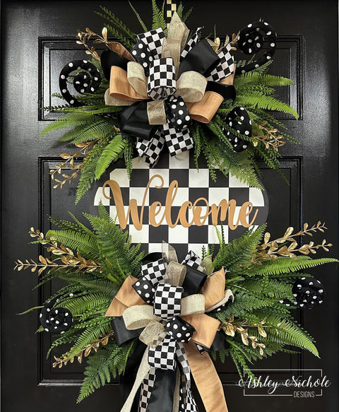 Checkered Welcome Plaque Everyday Wreath - Black & White
