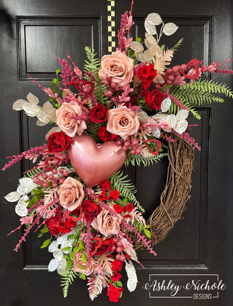 Valentine Candy Pink Heart & Florals Oval Wreath