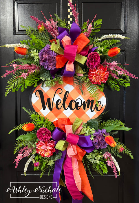 Vibrant Florals "Welcome" Wreath