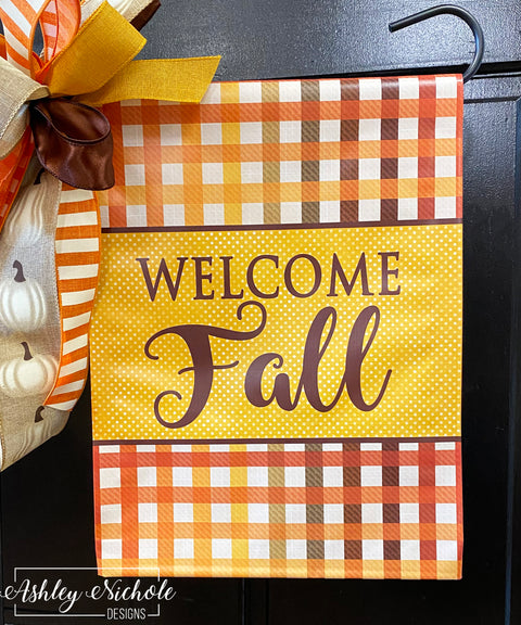 Welcome Fall Golden Harvest Plaid - Vinyl Garden Flag