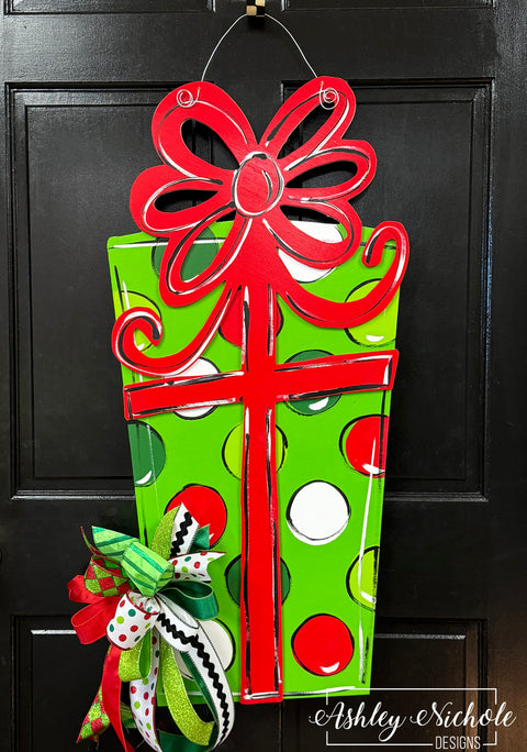 Whimsical Christmas Gift Box Traditional Door Hanger (Hand Painted)