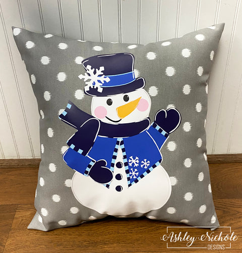 Custom Pillow - Winter Blues Snowman on Grey & White Ikat Dots Outdoor Fabric