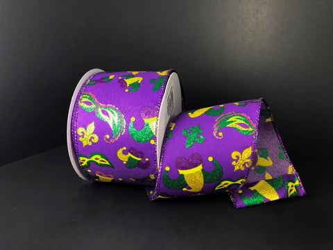 Purple Satin w/ Mardi Gras Icons - 2.5" x 10yds