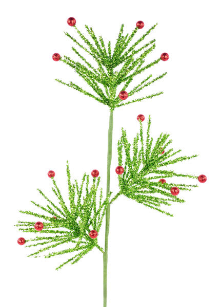 25" Glitter & Berry Pine Spray - Lime Green & Red