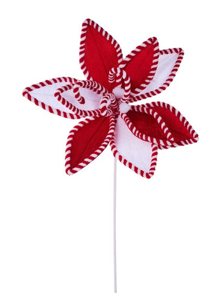 13" Velvet & Pompom Poinsettia - Red & White