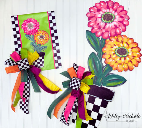 GIFT BOX Combo!! Cheerful Zinnia Flower Pot Door Hanger, Vinyl Garden Flag and Small Bow