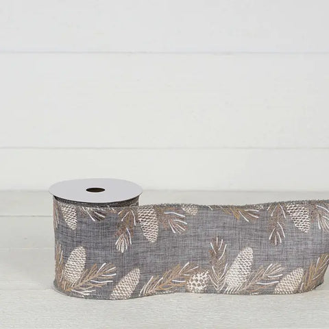 Gray Burlap w/ Metallic Gold Pinecones Wired Ribbon - 4" x 10yds
