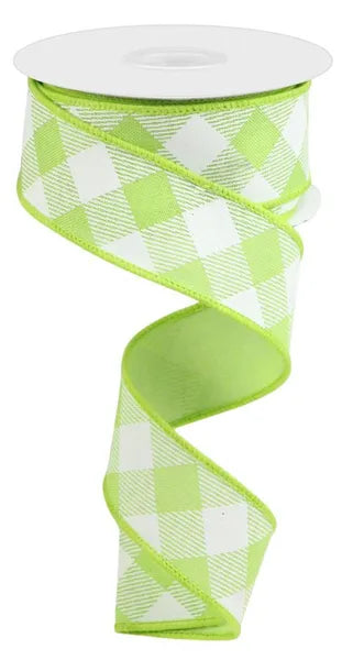 Lime & White Diagonal Check Wired Ribbon - 1.5" x 10yds
