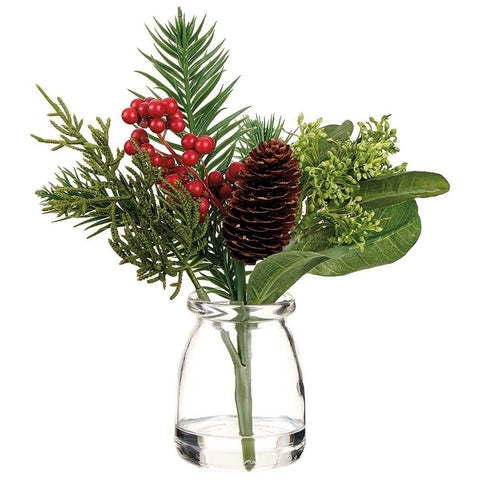7.5" Berry, Pine Cone & Pine Branches in Glass Vase - Red/Green