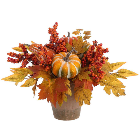 Tabletop Pumpkin & Berry Arrangement In a Cement Pot - Orange/Green