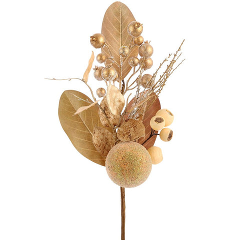 18" Beaded Ball, Berry, Magnolia Leaf Pick - Gold