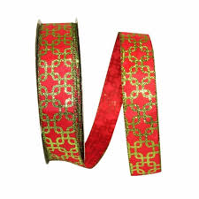Red Satin w/ Green Glitter Interlock Wired Ribbon - 1.5" x 50yds