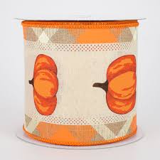 Burlap w/ Pumpkins w/ Orange, Tan & Cream Plaid Edge Wired Ribbon - 4" x 10yds
