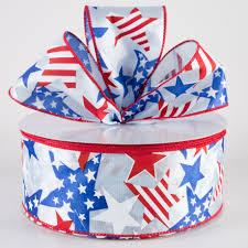 Red, White & Blue Stars On Light Blue Satin Wired Ribbon - 2.5" x 50yds