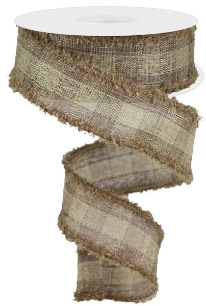 Brown Woven Burlap Plaid w/ Brown Fuzzy Edge Wired Ribbon - 1.5" x 10yds