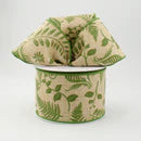 Embroidered Greenery Beige & Green Wired Ribbon - 2.5" x 10yds