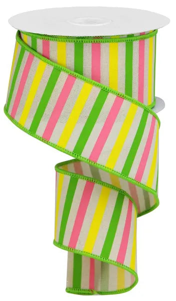 Yellow, Green, Pink & Cream Striped Wired Ribbon - 2.5" x 10yds