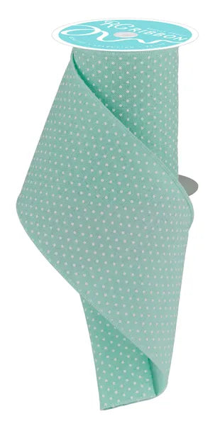 Mint Green Linen w/ White Swiss Dots Wired Ribbon - 4" x 10yds